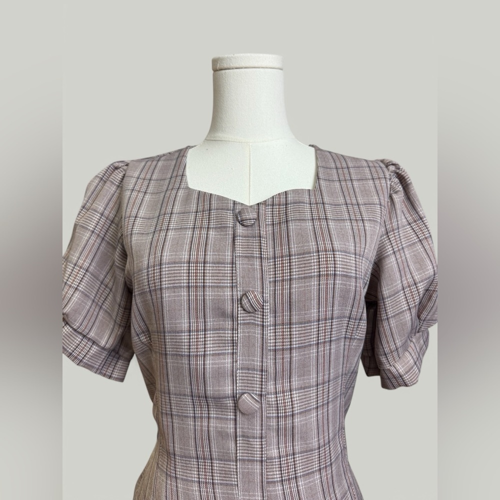 Plaid Dress Women Size Medium Brown Midi Sweetheart Neckline Puff Short Sleeves - Picture 6 of 11